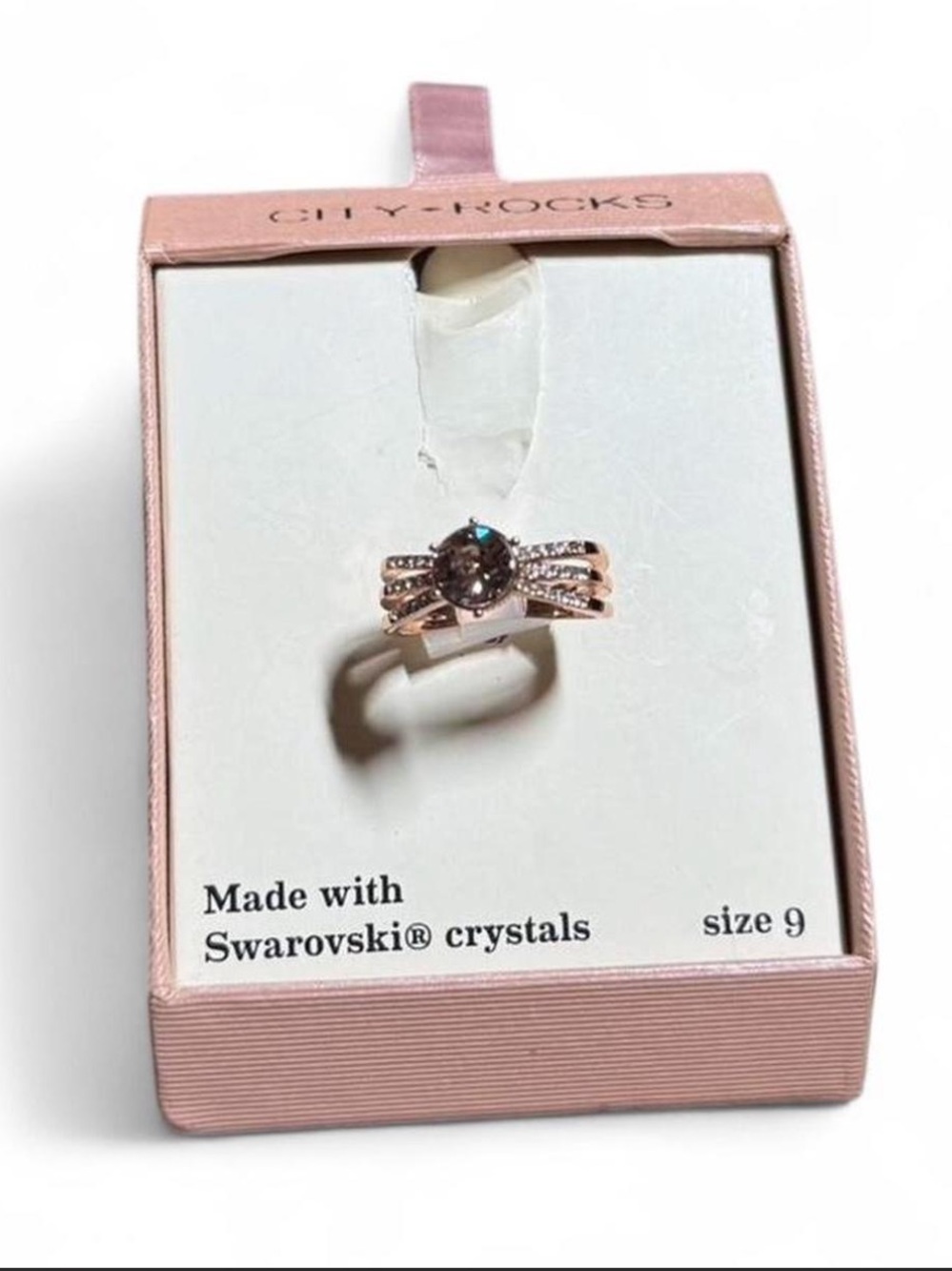 Rose Gold Crystal Ring - Pink/Black Stone - Size 9